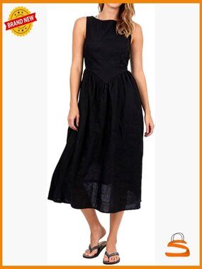 100% Linen Backless Midi Dress Sleeveless Sundress Casual Summer